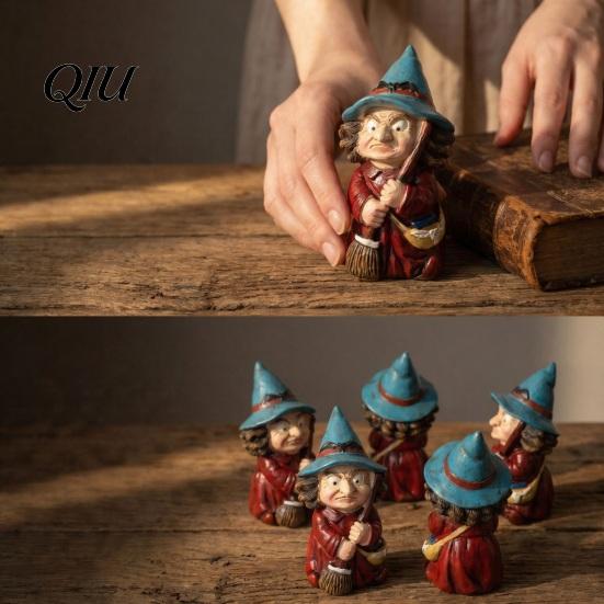 Halloween Witch Ornament on Broomstick Resin Figurine, Gnome Statue with Wizard Hat, For Shelf Vintage Spooky Decor for Desk Table, Gift Lovers
