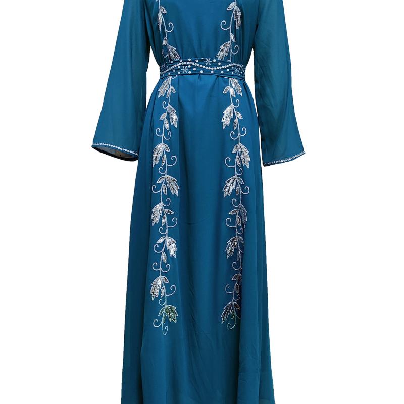 Luxury Women's Embroidered Dress for Muslim Parties, Waist Tied and Slim Fitting Long Style