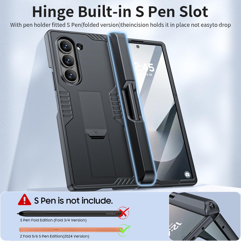 Чехол для телефона Samsung Galaxy Z Fold 6 с держателем для S Pen, скрытой подставкой, защитой экрана, прочный противоударный защитный чехол-Черный