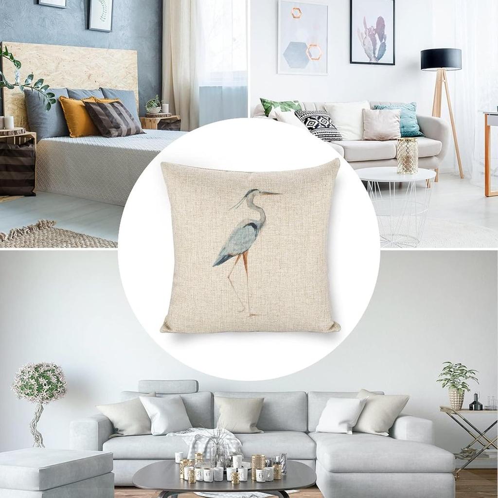 Linen Throw Pillow Covers Blue Egret on Coastal 18x18 Decorative Pillows for Bed Couch Cushion Sofa Outdoor