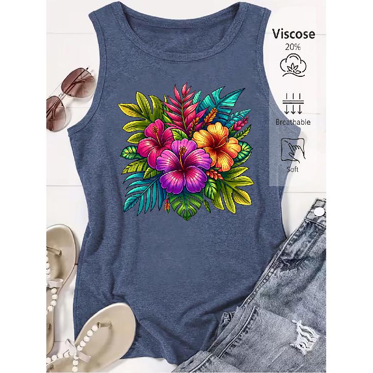 Elegant Vest for Women Tropical colorful hibiscus flower print casual loose summer vest Fashionable and elegant tops for commuting, vacation, and