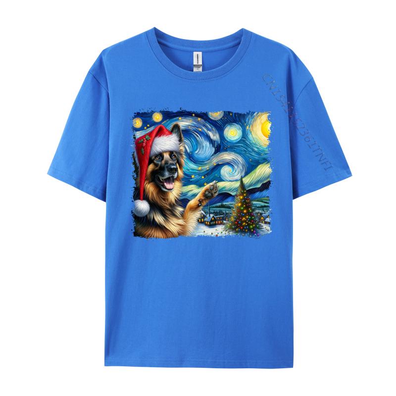 Gerunisex Shepherd Santa Starry Night Van Gogh Christmas Dog Tshirts High Street Youthful Tops T Shirt Wholesale Cotton Youth