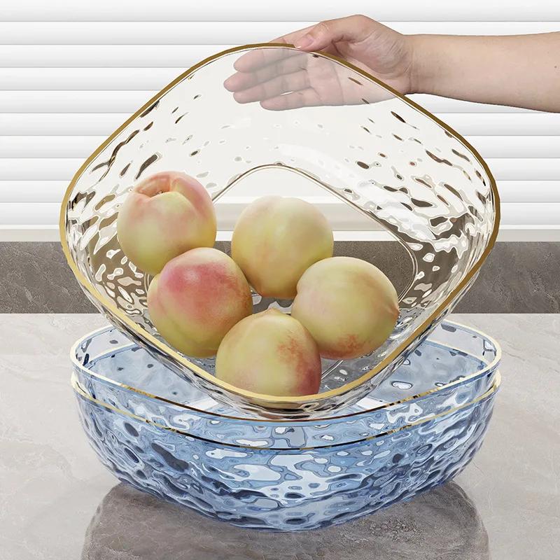 1pc Light Luxury Household Fruit Plate Plastic Transparent Dishes Tray Golden Edge Salad Dessert Biscuit Snacks Plates Tableware