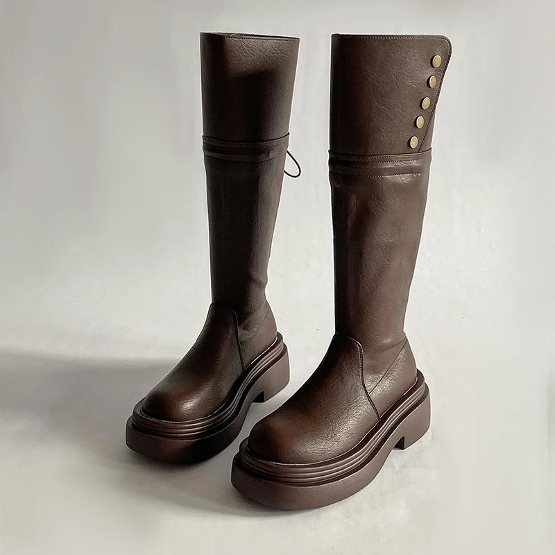 Мода Винтаж Платформа Женские Сапоги До Колена Модные Слип-Он Рыцарь Длинные Ботильоны Квадратный Каблук Туфли Largas De Mujer
