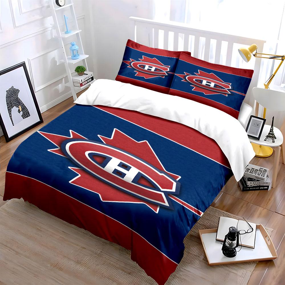 Red Logo with Maple Leaf on Blue Background Print Bedding Set Duvet Cover Pillowcases (1* Duvet Cover 2* Pillowcases Do Not Include Comforter)