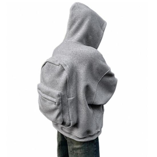 Men Sweatshirt Coat Hooded Long Sleeve Zipper Closure Hoodie Coat with Schoolbag Design Solid