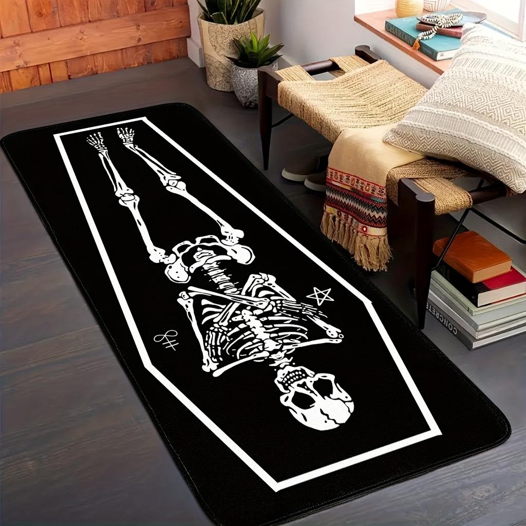 1pc Halloween Skeleton Coffin Non-Slip Rug, Machine Washable Floor Mat for Kitchen Dining Room Living Room Hallway Home Decor