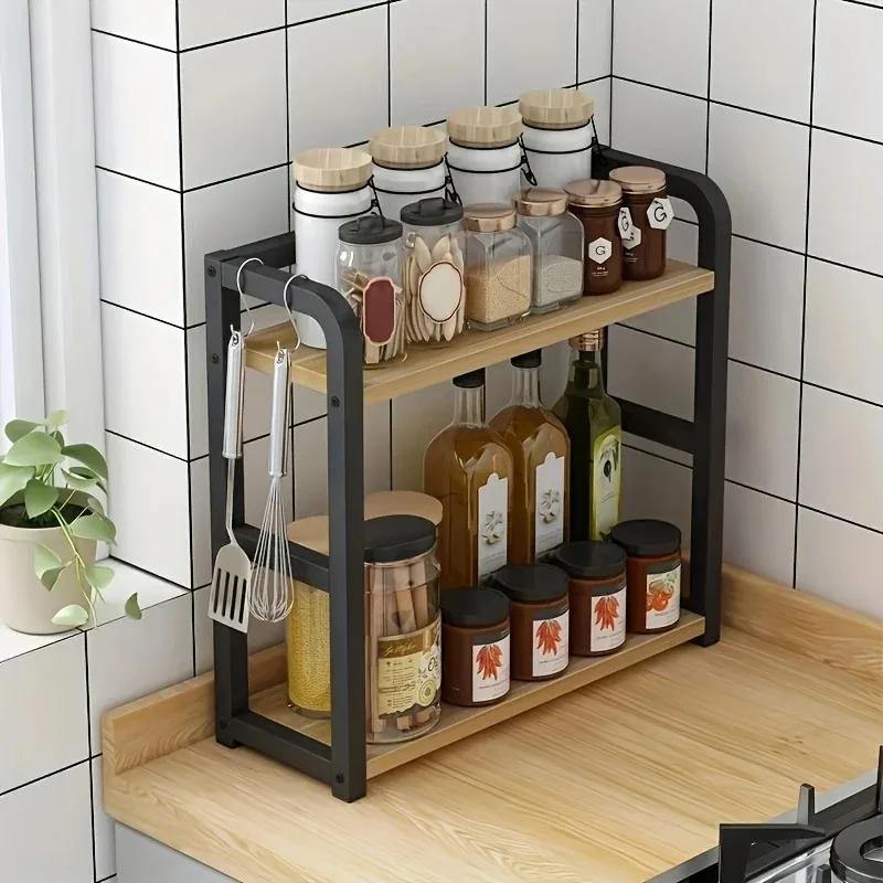 2 Tier Metal Wood Countertop Shelf Space Saving Kitchen Rack Organizer with Side Hooks for Coffee Mugs Spice Jars Condiments