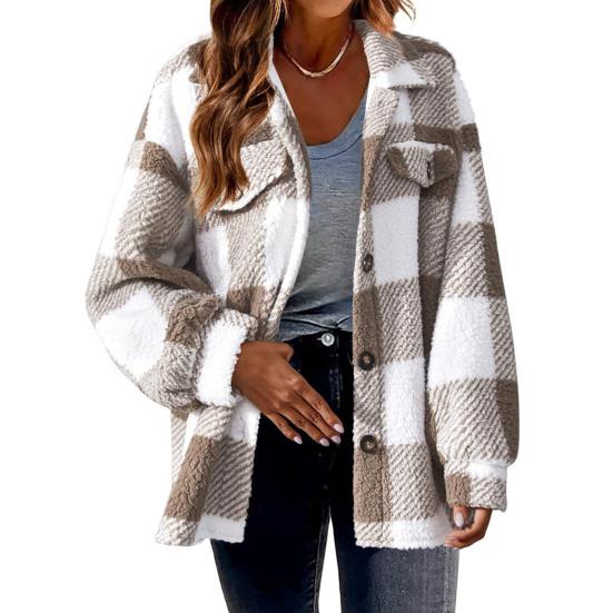 Fall Winter Women Jacket with Fake Pockets Contrast Color Plaid Print Plus Size