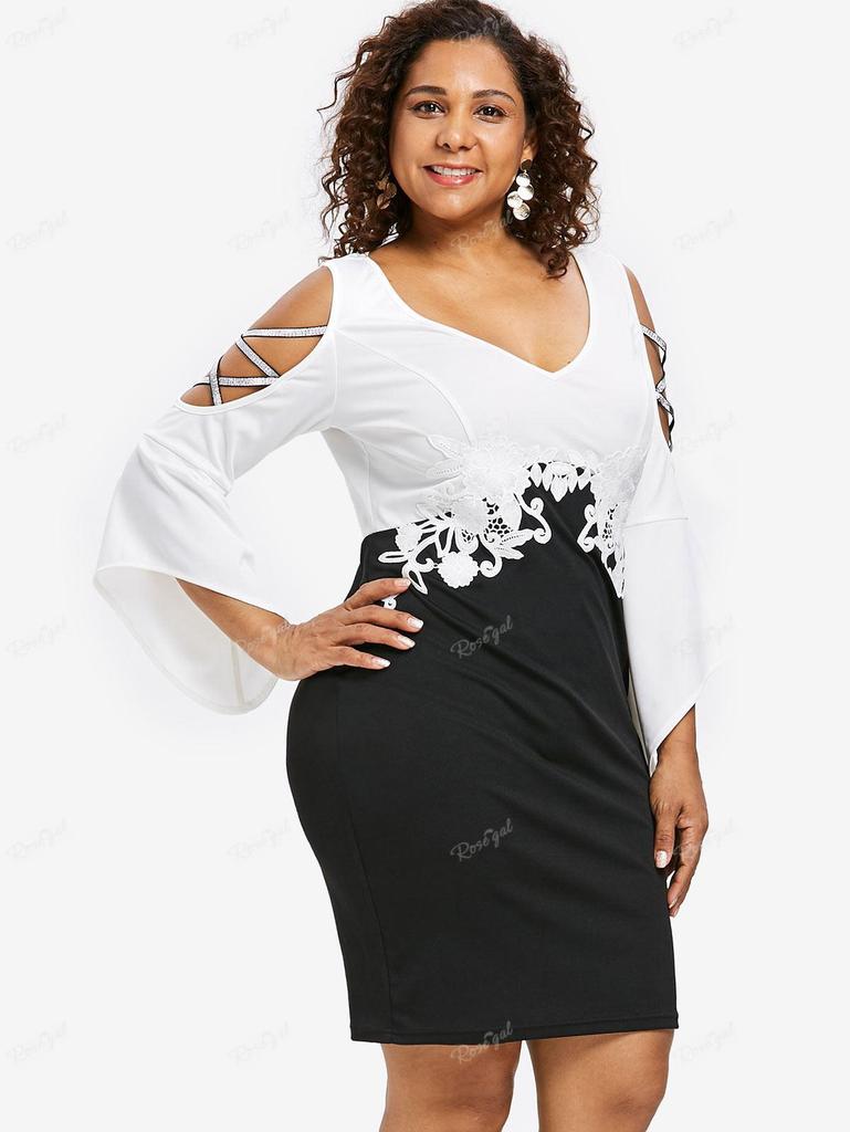 Rosegal Plus Size Crisscross Flower Trim Cold Shoulder Sheath Dress