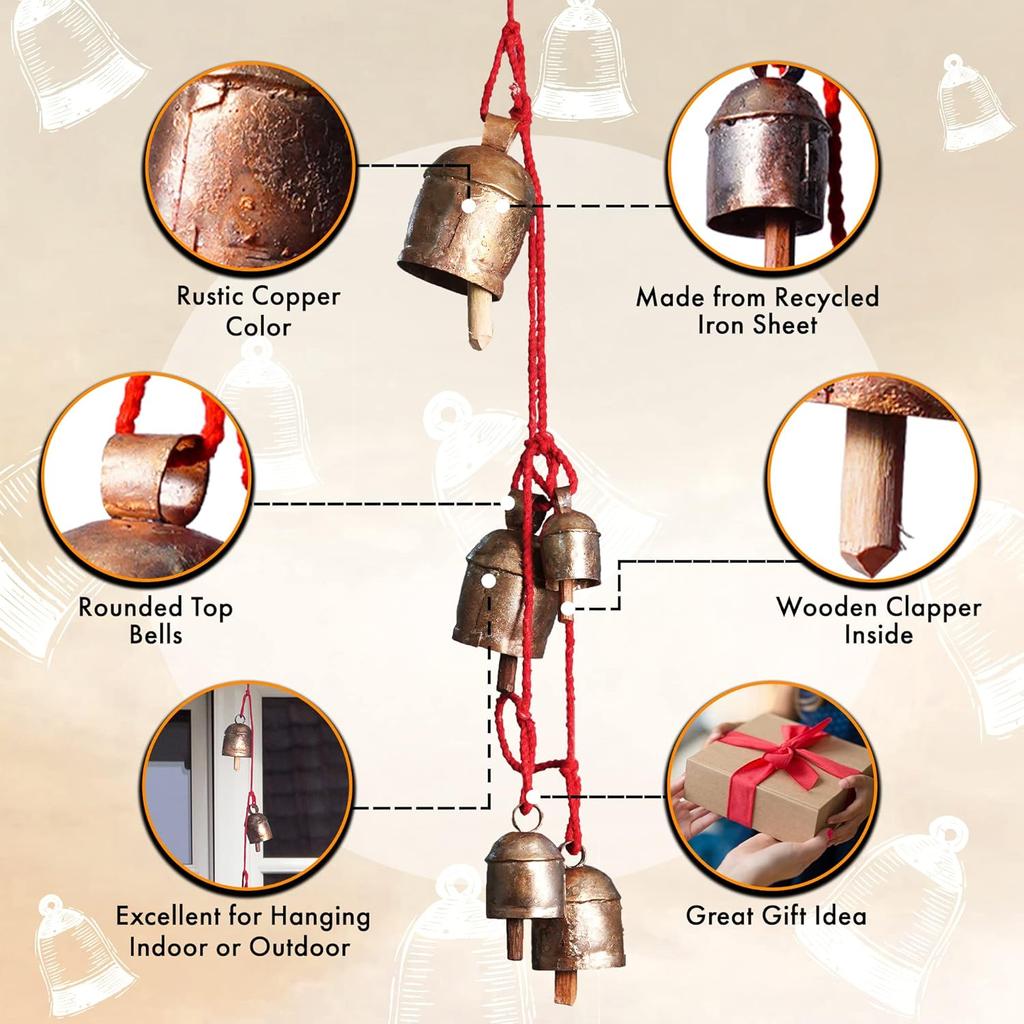 Handmade Rustic Wind Chimes for Outside with 5 Brass-Coated Metal Bells 30 Inch – Boho Outdoor Patio, Garden, Balcony & Farmhouse Decor