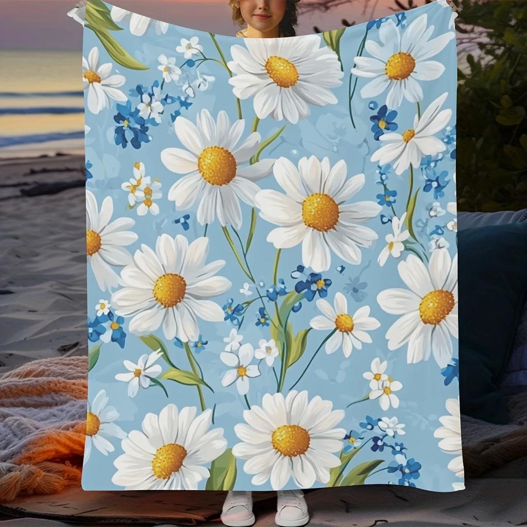 Charming Daisy Floral Throw Soft Cozy Blanket with Blue White Design Ideal for Nature Home Decor Enthusiasts