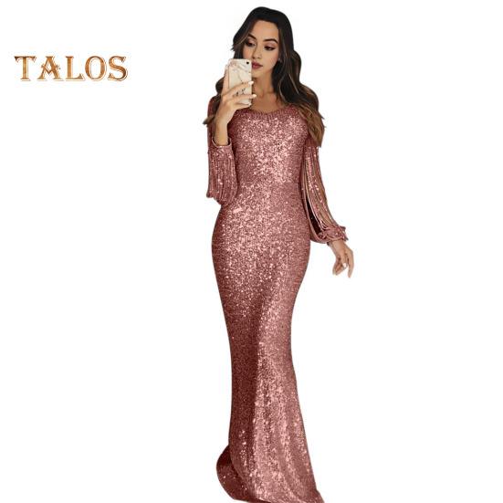 Женское платье для выпускного вечера с кисточками и рукавами-футляром, облегающее платье с V-образным вырезом, однотонное вечернее платье с блестками и рыбьим хвостом, коктейльное платье макси