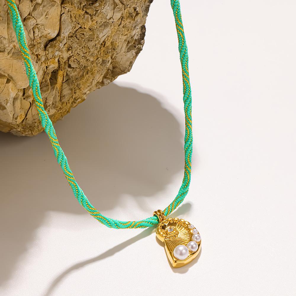 Stainless Steel Gold Color Zircon Pearl Shell Pendant Necklace for Women Green Braided Rope Choker Summer Beach Jewelry Gift