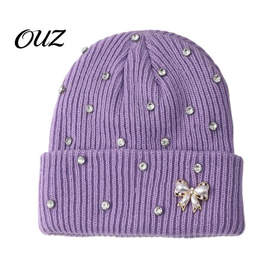 Stylish Winter Accessory for Girls Sparkly Knitted Hat, Women Rhinestone Knit Hat with Faux Pearl Bow, Comfortable Ear Protection Warm Stretch Cuffed