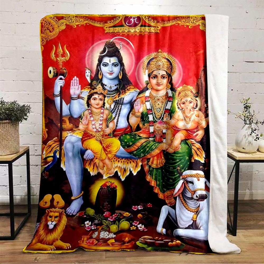 "Hindu Deities Family Illustration on Blanket"Flannel blanket for bedroom, living room, sofa, and nap