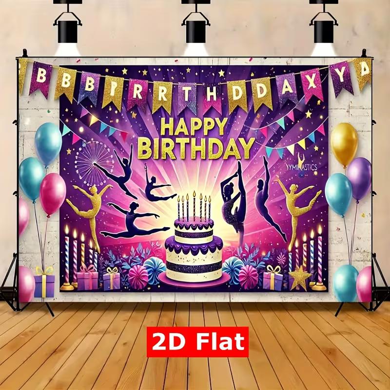 2D Purple Glitter Gymnast Birthday Backdrop Teen Girls Sport Party Decor Background Cloth