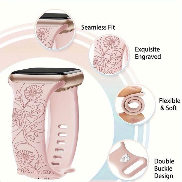2x Bracelet pour Apple Watch Series 10, 9 8 SE 7 6 5 4 3 2 1 Ultra 2, 42mm-44mm-45mm-46mm-49mm Silicone Gravure Tournesol Noir/Rose