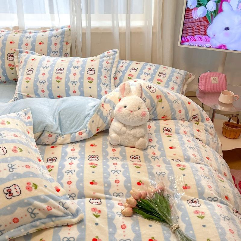 Winter Thickened Milk Fleece Bed Four-piece Set New Coral Fleece Flannel Single Quilt Cover Bed Sheet Three-piece Set Bedding