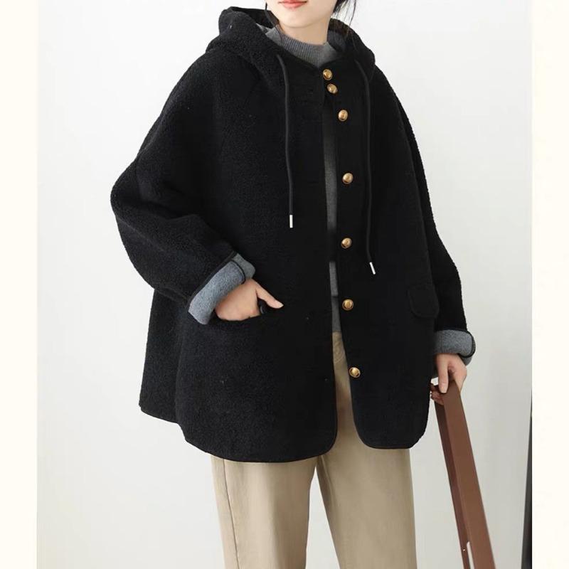 Женские свободные куртки с капюшоном из овечьей шерсти, повседневные однобортные толстые пальто, зимнее теплое пальто с длинным рукавом из гранулированного бархата
