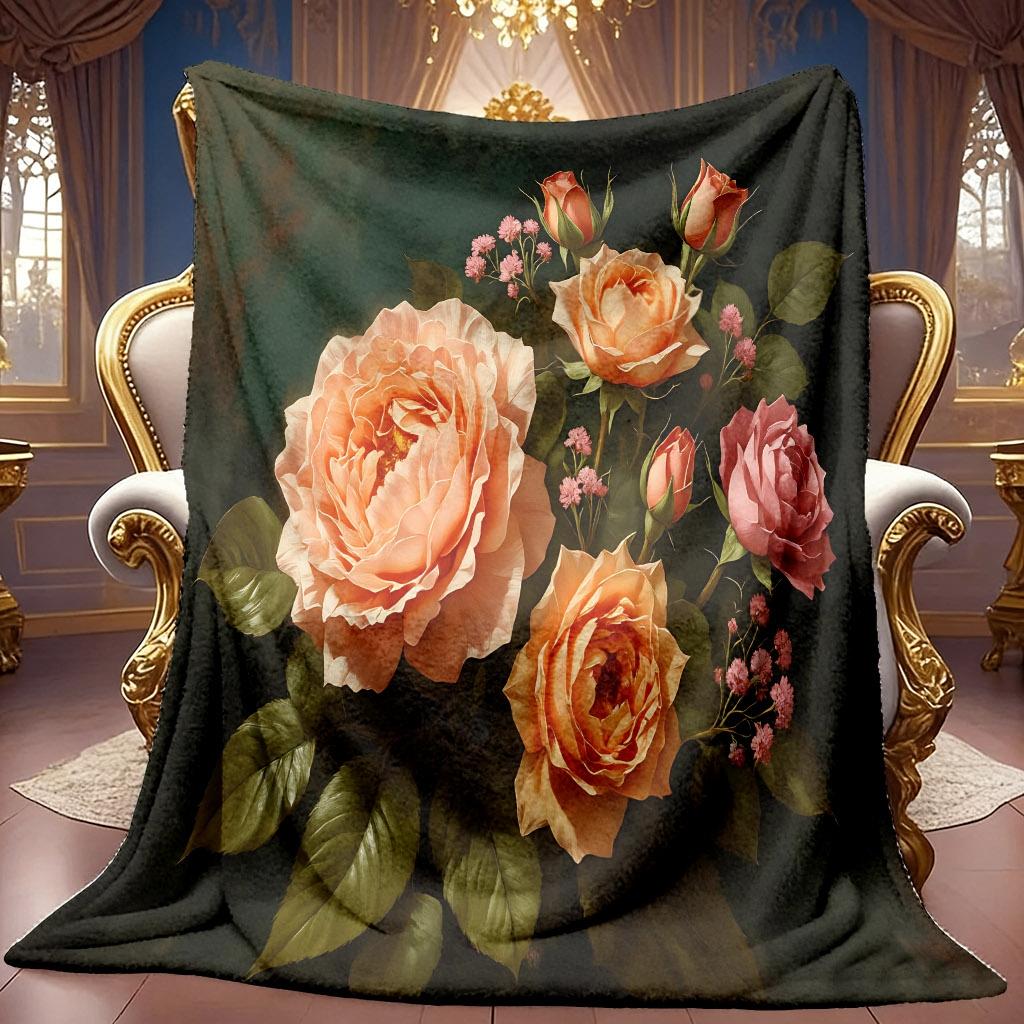 1pc 2D Retro Style Orange Pink Rose Theme Pattern Flannel Blanket, Soft HD Digital Print, Cooling Blanket All-Season Use! Soft And Breathable 100% Pol