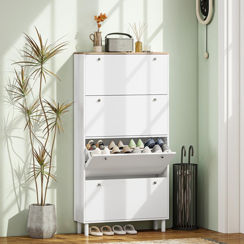 Shoe Cabinet With 4 Flip Drawers And Adjustable Shelves For 24 32 Pairs Of Shoes 80x23.5x157 Cm White
