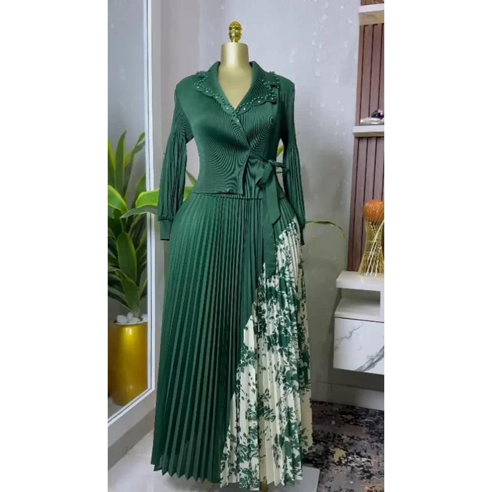 Новое плиссированное платье А-силуэта, элегантный костюмный воротник, средняя длина, утягивающая талия, стройнящая женская юбка со складками