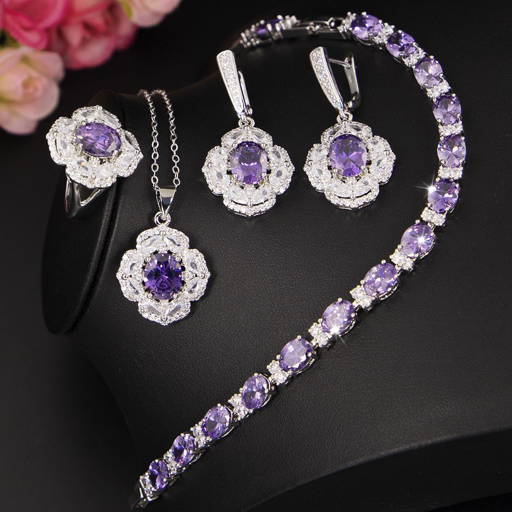 Zircon Set, Women'S Jewelry Three-Piece Set, Multi-Color Optional, Necklace, Earrings, Ring, Bracelet, Jewelry Set.