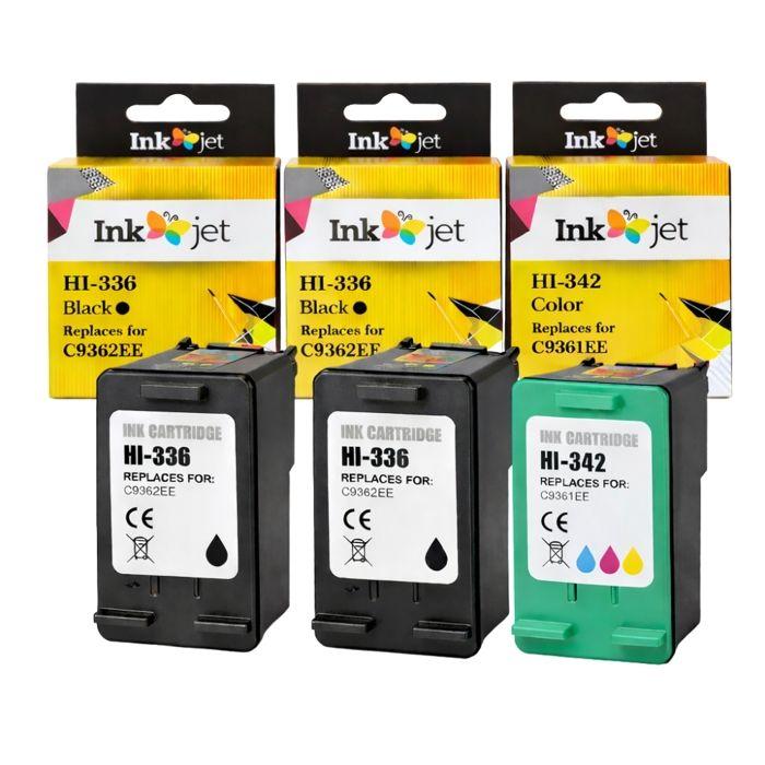 Pack 3 cartouches compatibles HP 336 & 342 - 2x noir + 1x couleur pour DeskJet/OfficeJet/PhotoSmart/PSC