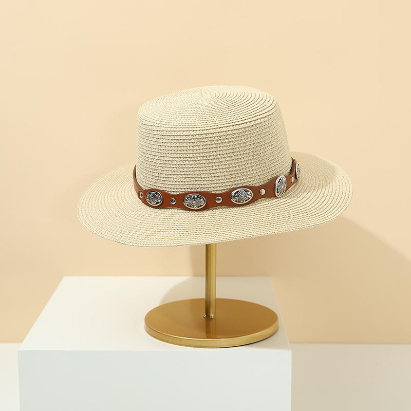 Summer new rivet belt straw woven flat top hat casual retro sun hat travel vacation straw hat sun protection hat women