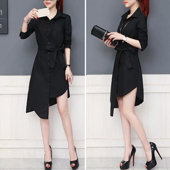 Women Shirt Long Sleeve All Match Loose Commute Mild-length Dressing Up Polyester Irregular Tied Belts Lady Shirt Female Clothing