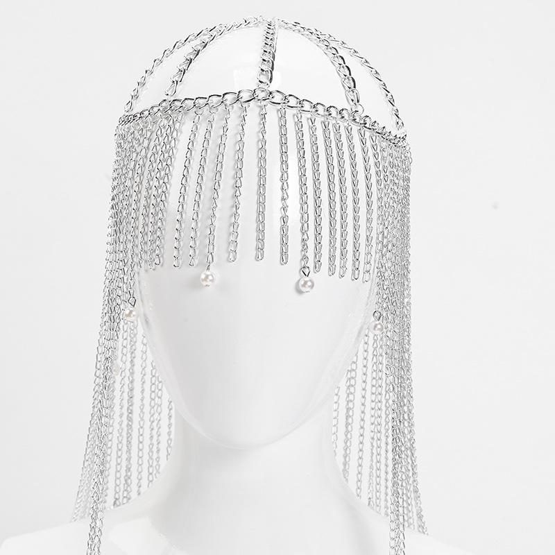 Преувеличенное длинное кисточное алюминиевое цепное украшение на голову с жемчужной подвеской для женщин