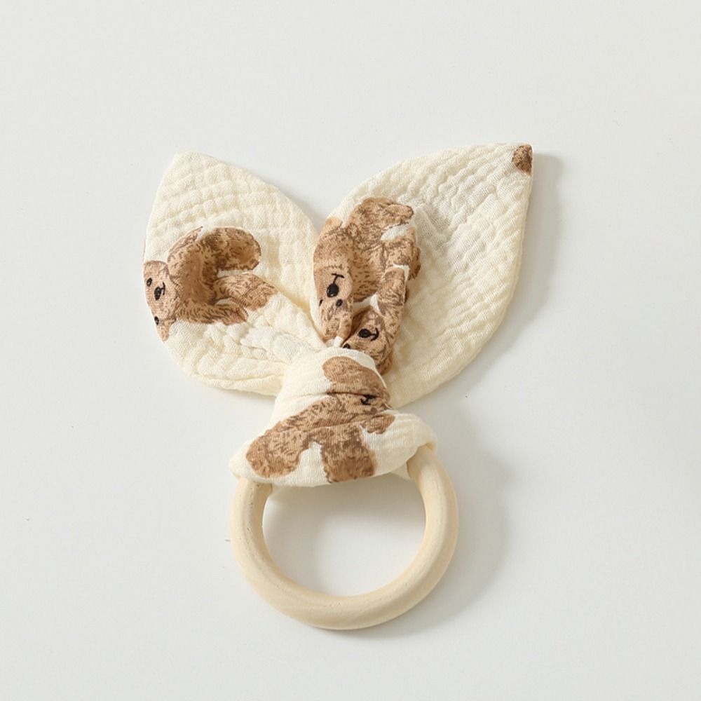 Soft Baby Wooden Hand Grasp Toy Rabbit Ears Chewing Appease Toy Newborn Teething Ring Sleep