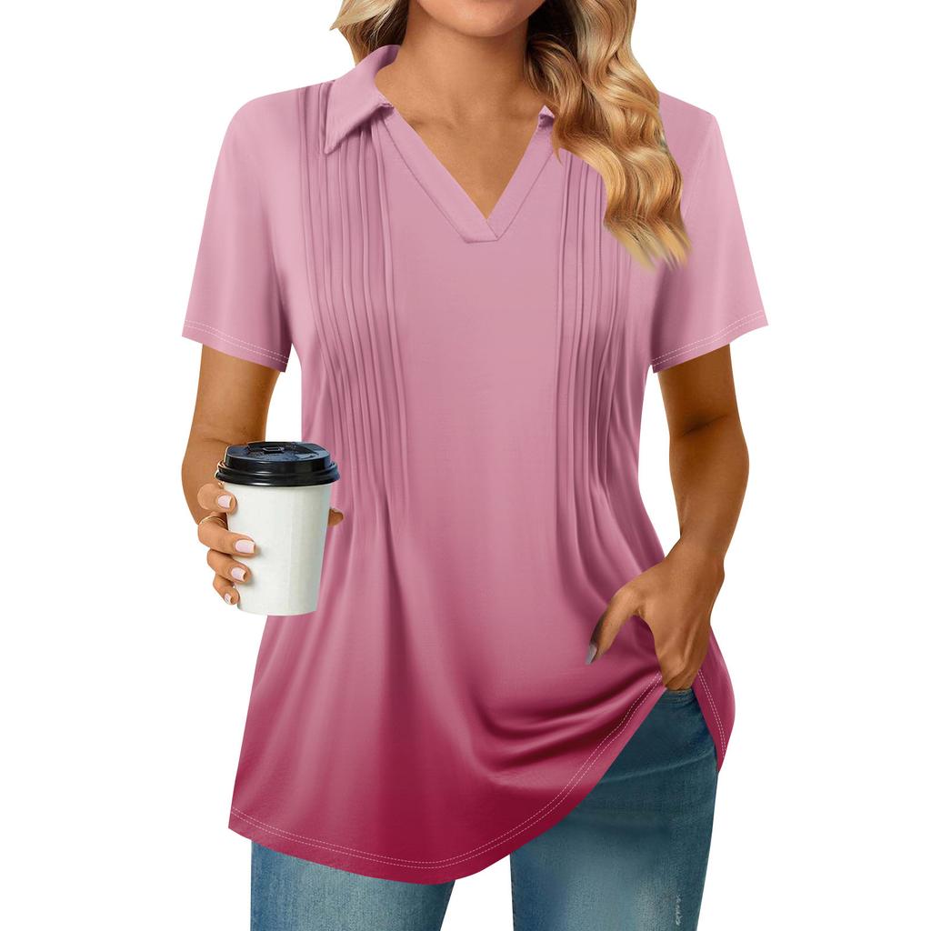 Женские футболки с коротким рукавом, плиссированные, с V-образным вырезом, с принтом, с воротником, летние топы, модные, деловые, повседневные, рабочие