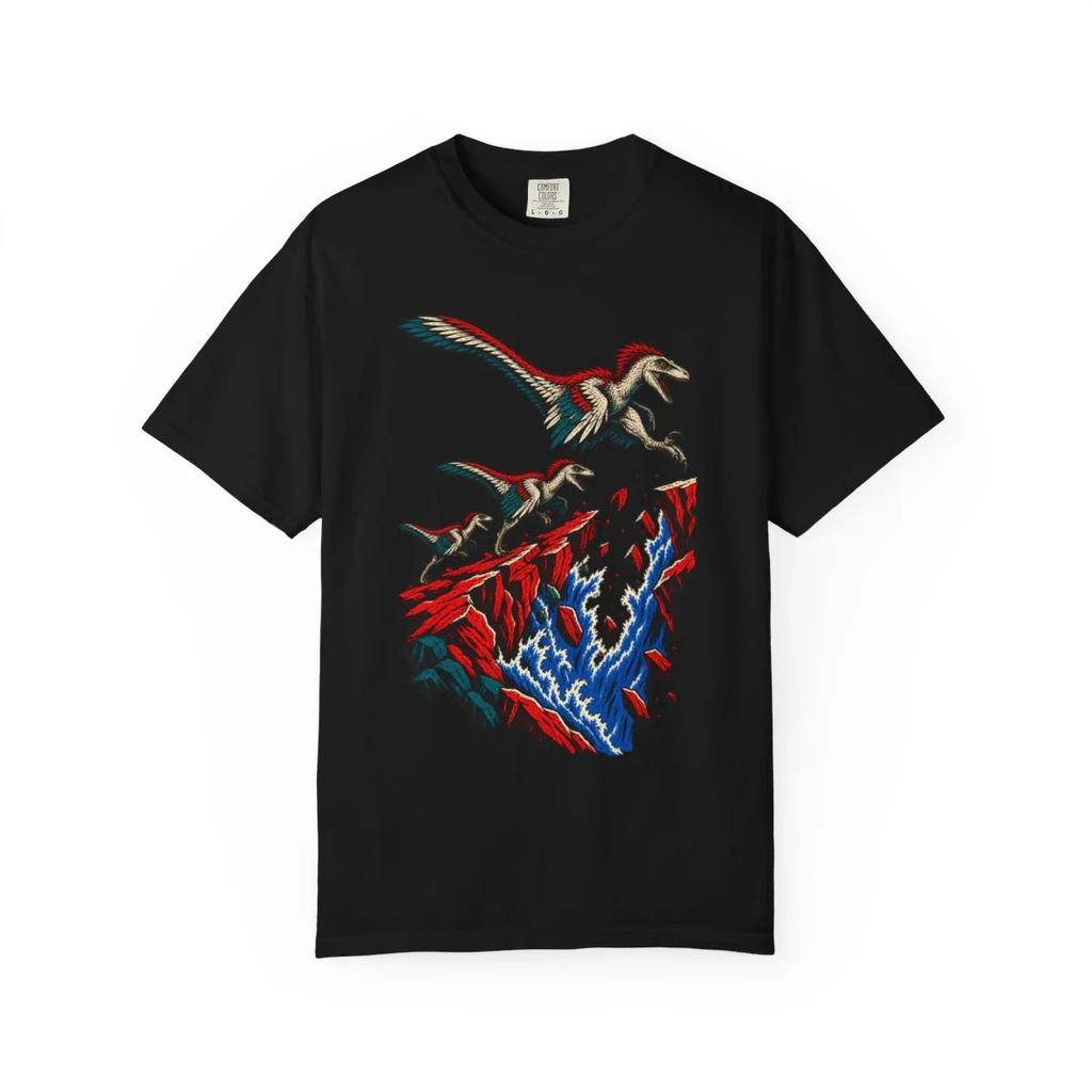 Feathered Raptor Dinosaur Graphic T-Shirt Black Front Print Comfort Colors 1717