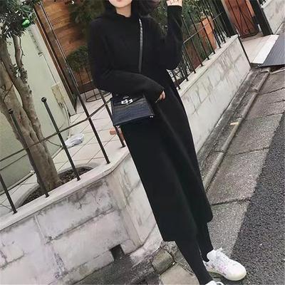 Осень и зима новый однотонный простой вязаный свитер с капюшоном женский свободный свитер длинное платье тренд