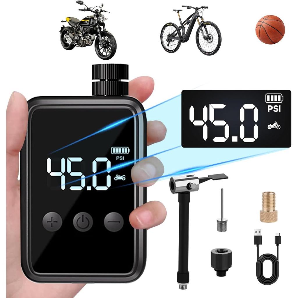Mini Bike Pump, 150PSI Electric Air Pump Portable Bicycle Cordless Rechargeable Inflator with Digital Pressure Gauge with Presta and Schrader Valve