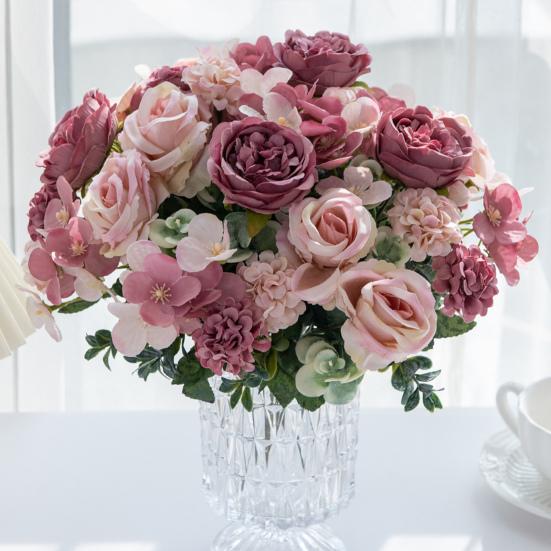 Artificial Rose Bouquet Realistic Fake Silk Flower With Green Leaves Home Wedding