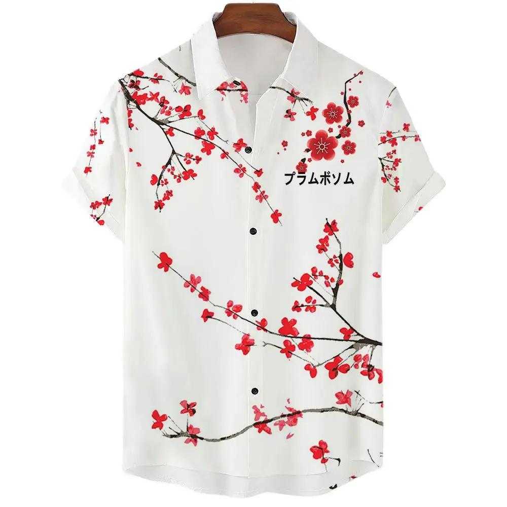 Japanese Aesthetic Cherry Blossom Print Men's Shirt Fashionable Luxury Lapel Button-down Shirt Casual Short-sleeved Tops
