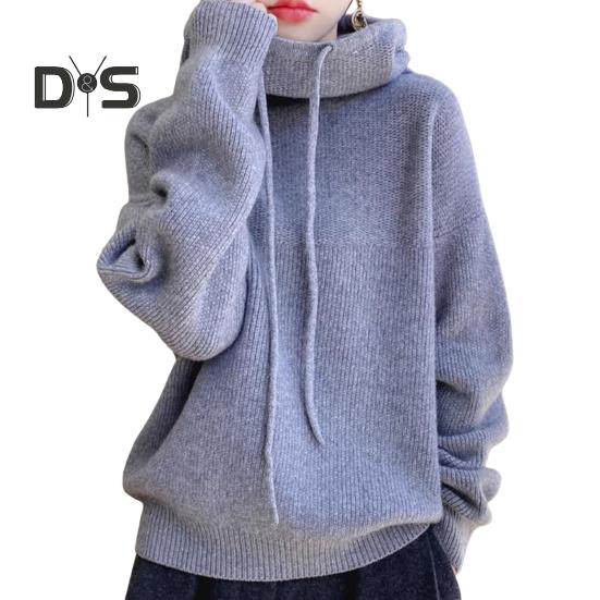 Женский свитер с ворсовым воротником, капюшоном и завязками, длинный рукав, трикотажные топы, однотонный повседневный свободный трикотаж