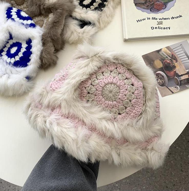 Ethnic Lion Dance Beanie Fluffy Rabbit Fur Chinese National Style Winter Warm Knit Hat