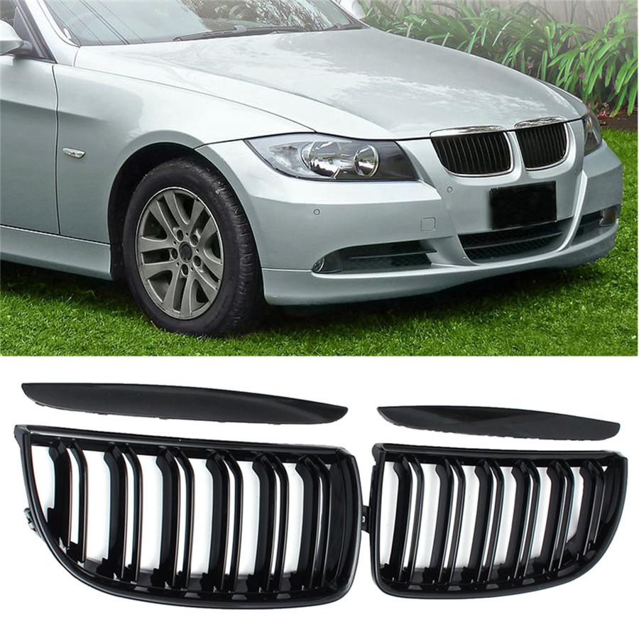 1 Pair Front Gloss Black 2 Line Double Slat Kidney Grille Grill For BMW E90 E91