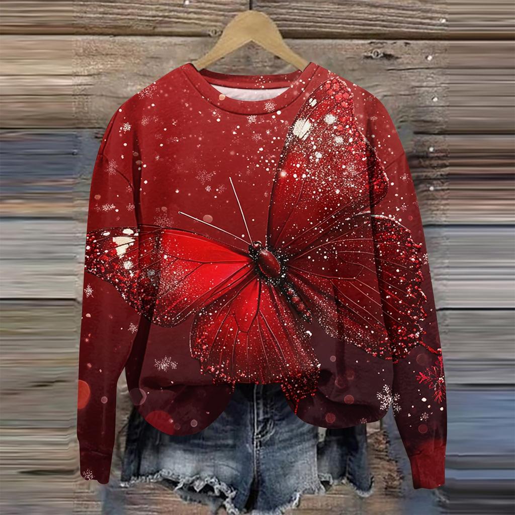 Женская мода круглый вырез пуловер длинный рукав футболка рождественский принт топ