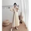 Elegant V-Neck Knit Midi Dress Women Winter High Waist Slim Fit Solid Color Long Sleeve