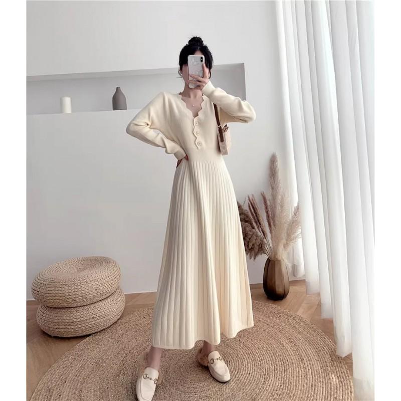 Elegant V-Neck Knit Midi Dress Women Winter High Waist Slim Fit Solid Color Long Sleeve