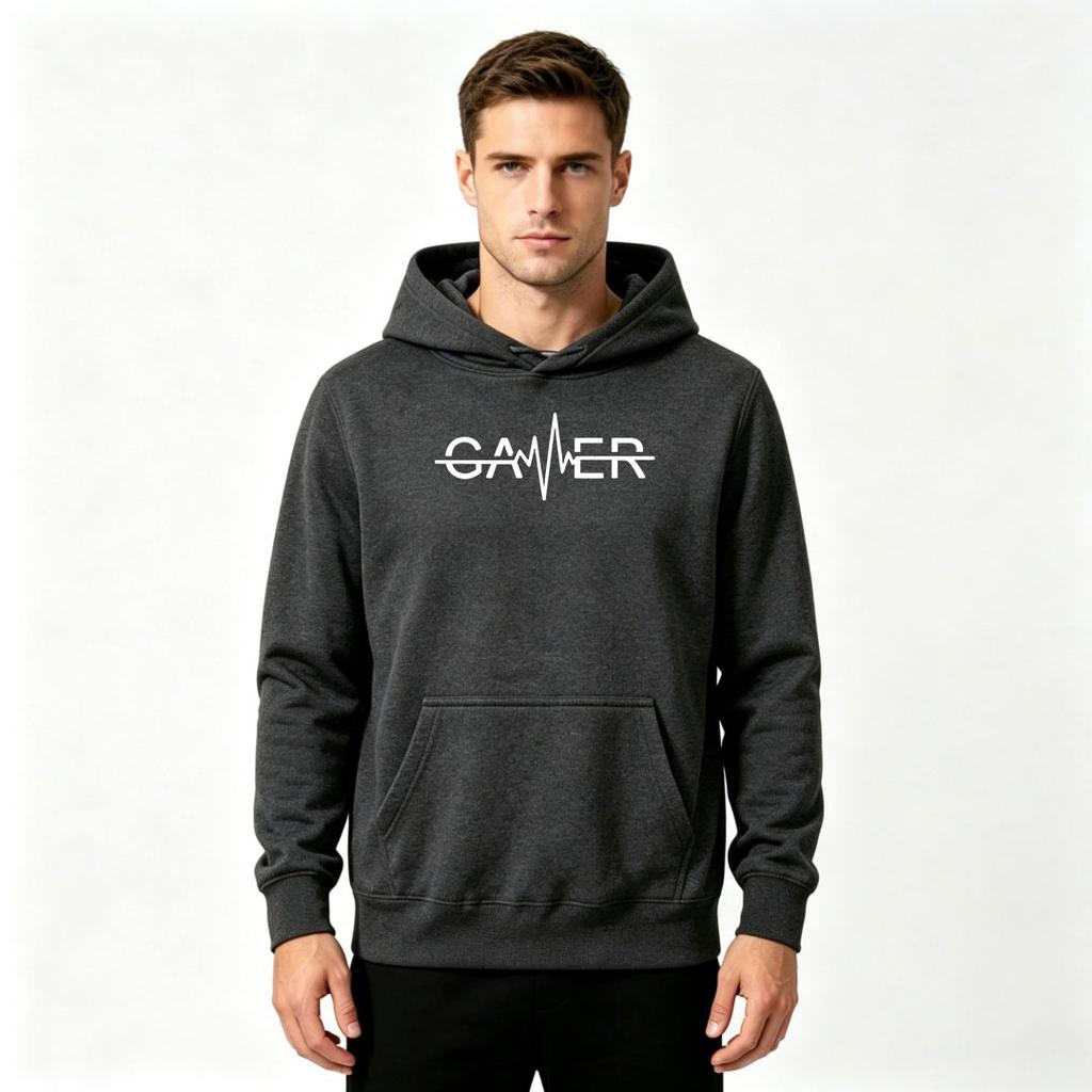 Men's Crewneck Hoodie, Gamer Heartbeat EKG Print Casual Long Sleeve Pullover Sweatshirt for Daily Wear