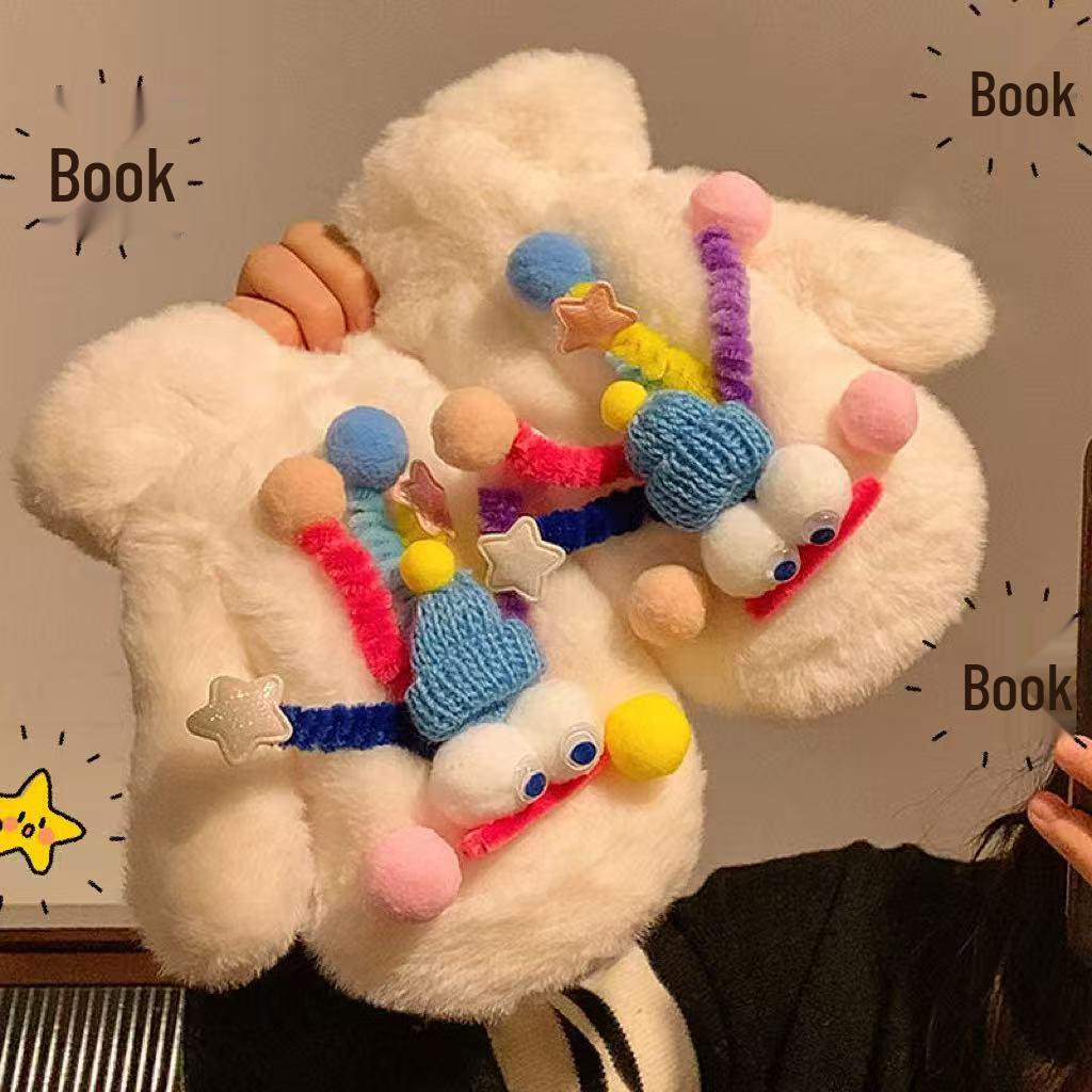 Женские зимние теплые плюшевые варежки с мультяшным рисунком и шейным шнурком - Ветрозащитные перчатки для велоспорта