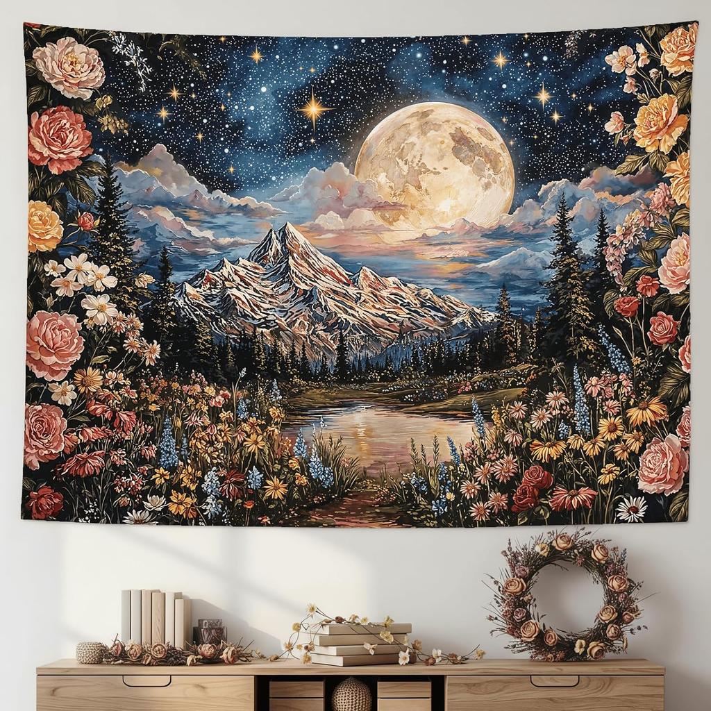 AMM Vintage Moon Floral Forest Mountain Tapestry 80x60 Inch