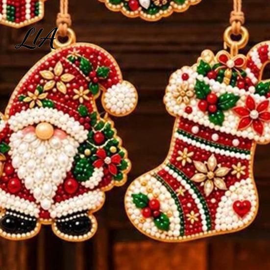 Creative Seasonal Home Decor 10 Pcs Faux Diamond Painting Art Christmas Ornaments, DIY Pearl Beads Holiday Craft Set with Wooden Base Jute Twine,