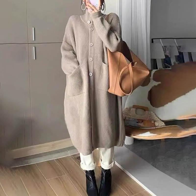 Свитера Пальто Кардиган для Женщин Осень Зима Большой Размер Винтажный Свободный Высокая Горловина Длинный Рукав Вязаный Длинный Свитер Куртка